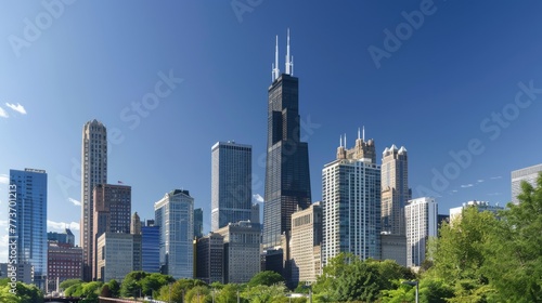Abstract futuristic cityscape view with modern skyscrapers.