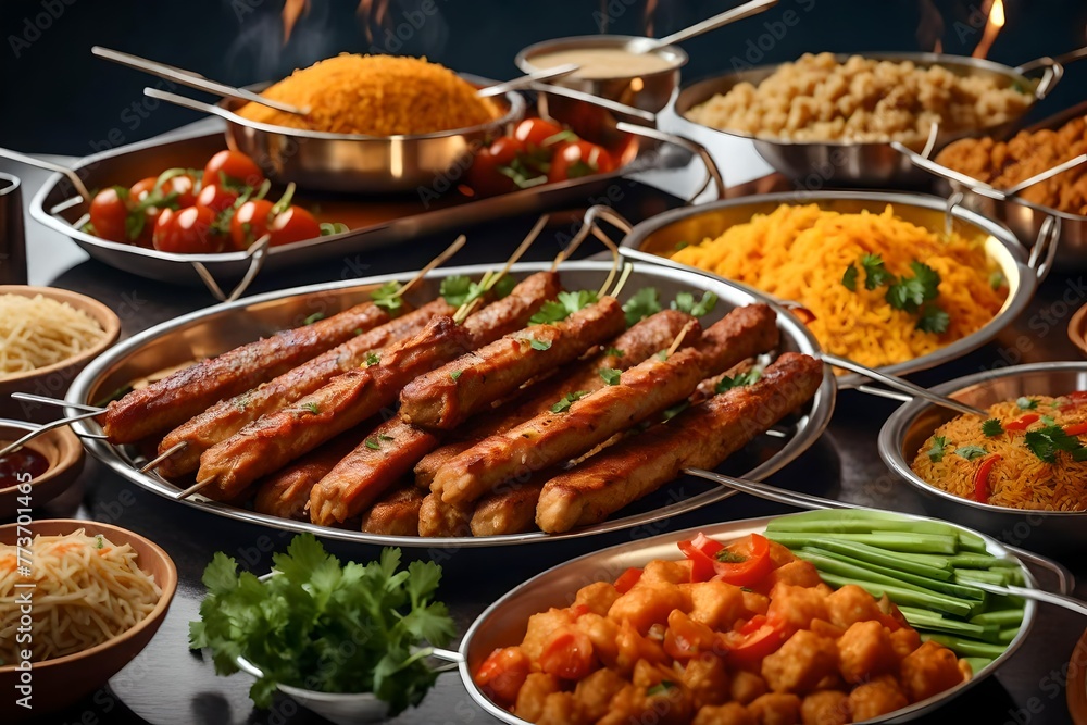 buffet having long dishes full of kababs, chicken tikkas, grilled vegetables buffet having long dishes full of kababs, chicken tikkas, grilled vegetables