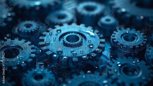  A macro shot of numerous gear clusters with droplets of water clinging to both sides