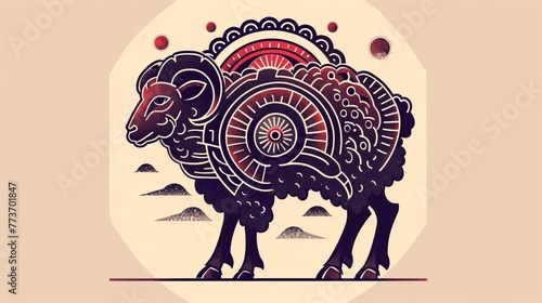 Styled illustration of a ram with a patterned back, standing in a desert