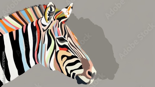 Close-up of a zebra's head with colorful stripes and a shadow against a gray backdrop