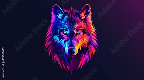   A vibrant wolf's head set against a black backdrop, featuring shades of blue, pink and red Another image depicts the same wolf in various hues of black, red photo