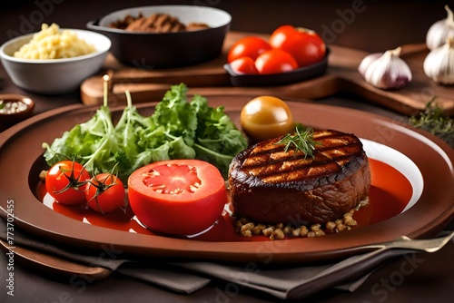 Beef fillet on a platter with garlic gratin and stuffed tomato, on a brown platter with garnishments photo