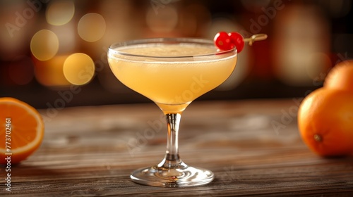  A close-up photo of a beverage in a glass with a cherry on the edge and an orange behind it