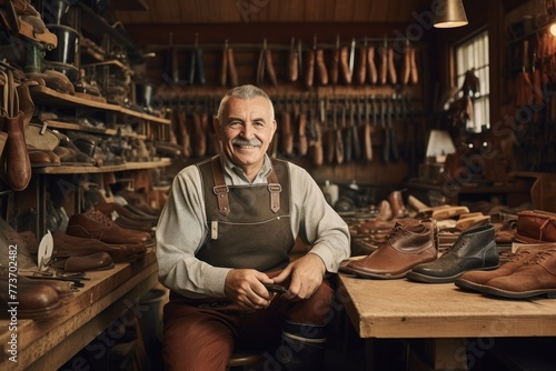 An elderly man is a cobbler in his workshop repairing shoes. 