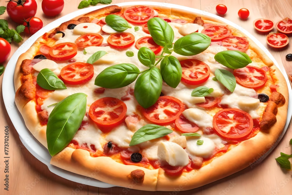 Tasty pizza Margarita with ingredients isolated on white Tasty pizza Margarita with ingredients isolated on white