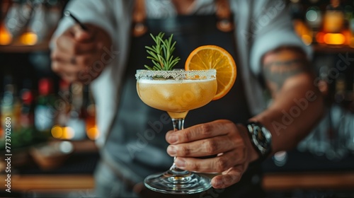   A photo of a person gripping a glass containing an orange and rosemary arrangement on top