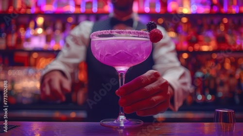   A close-up picture of someone clutching a beverage in front of a pub with a lavender residue on the edge photo