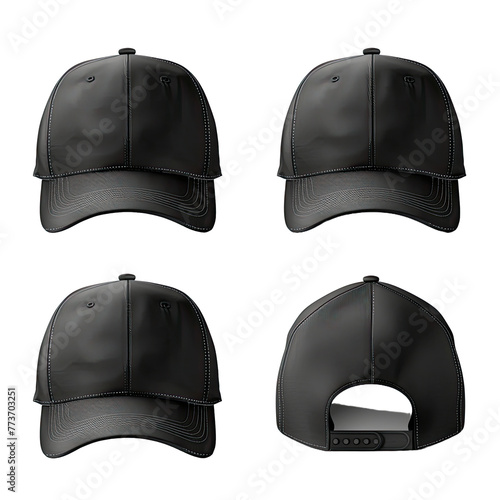 Set of black front and side view hat baseball cap on transparent background cutout, PNG file. Mockup template for artwork graphic design.