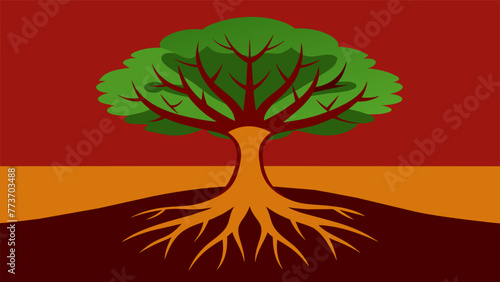 A tree with deep roots buried in the ground representing the foundation of inner strength and resilience. The trees branches are bent but not