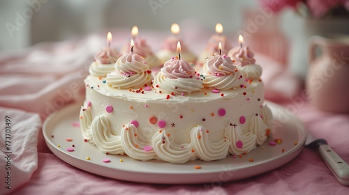   White cake with pink frosting  candles  pink napkin   flowers on white plate