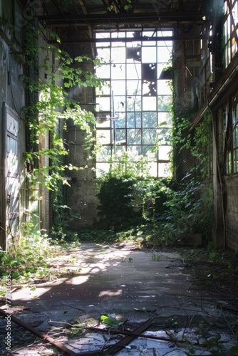 An abandoned warehouse reclaimed by nature  with vines creeping up the walls  sunlight streaming through broken windows  and wildlife taking shelter inside  Generative AI