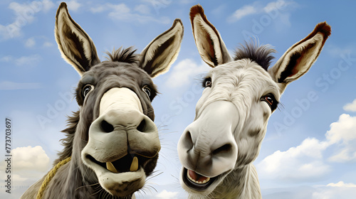 donkeys are enjoys the summer day with friendly happiness joyful with blue sky background