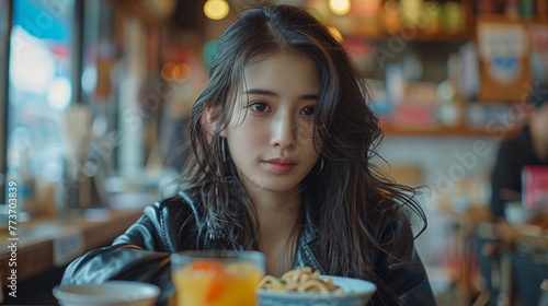 Serious woman looking at camera over food. A serious young woman looking intently at the camera, with a bowl of noodles and a drink in front of her at a dining table
