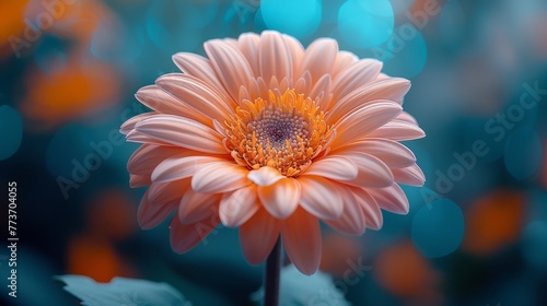  Close-up image of a vibrant pink flower against a softened orange and blue backdrop
