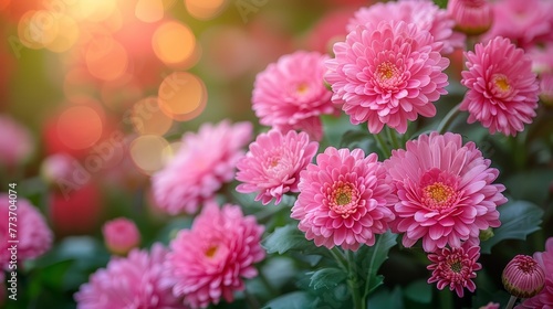   A clear shot of several pink blossoms against a softly blurred background of natural light  with sharp focus on the vibrant blooms in the foreground