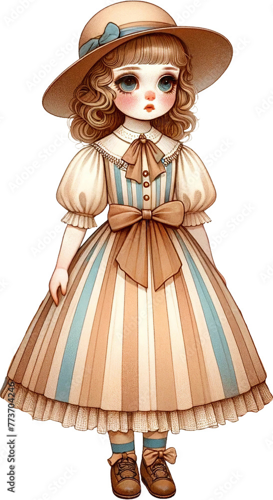 Victorian-Inspired Doll with Umbrella and Striped Skirt
