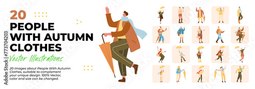 People with Autumn Clothes Illustration. Mega Set. Collection scenes about someone wearing autumn clothes, walking, in an activity style. Vector Illustrations