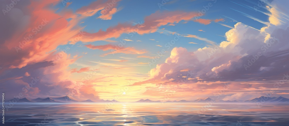 Sunset painting features a vibrant sky with red, orange, and yellow hues reflecting over the ocean, accompanied by fluffy white clouds