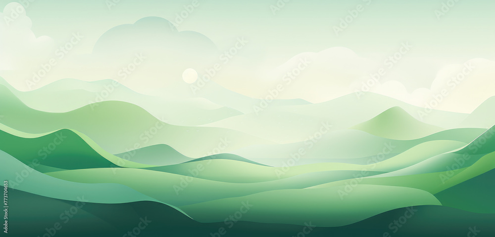 Summer, Green nature mountains landscape abstract background. Morning wood panorama, pine trees and mountains silhouettes.