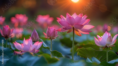  A field brimming with pink lotus blossoms, bathed in sunlight against a sunlit background