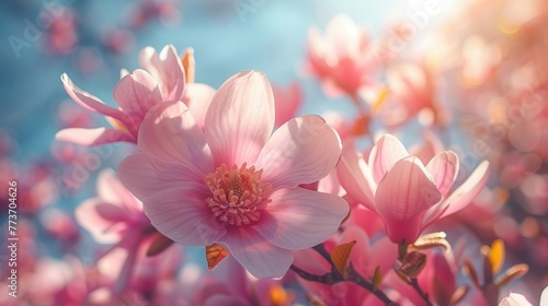   A close-up photo of a pink flower with a clear blue sky behind it appears blurry due to its focus on the flower  not the background