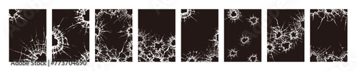 Broken glass cracked bullet hole, on black background vector illustration set