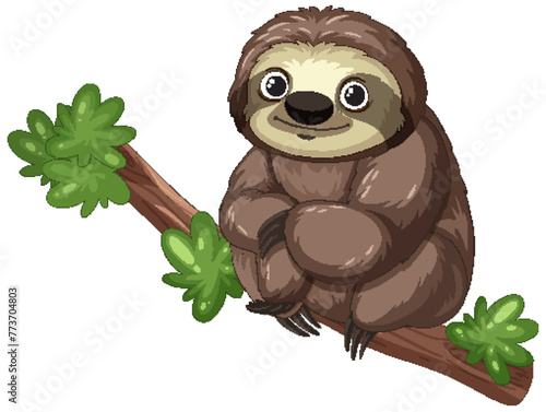 Cute cartoon sloth resting on a tree branch