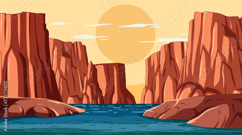 Calm river flowing through a rugged canyon at sunset