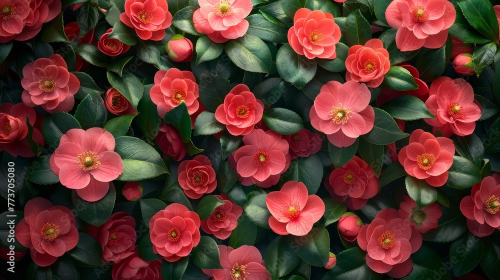   A close-up of several red flowers surrounded by green foliage at the base of the image