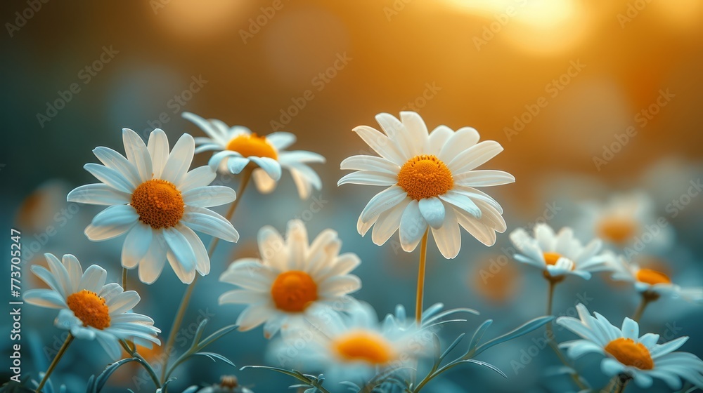   Daisies in sunlight with cloudy background blur