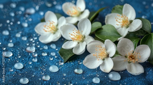  A cluster of white blooms on a blue background with verdant foliage and droplets of water resting atop their petals