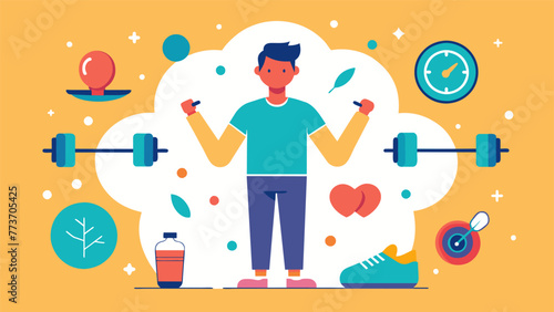 A person surrounded by different exercise equipment signifying the connection between physical health and mental wellbeing and the benefits of