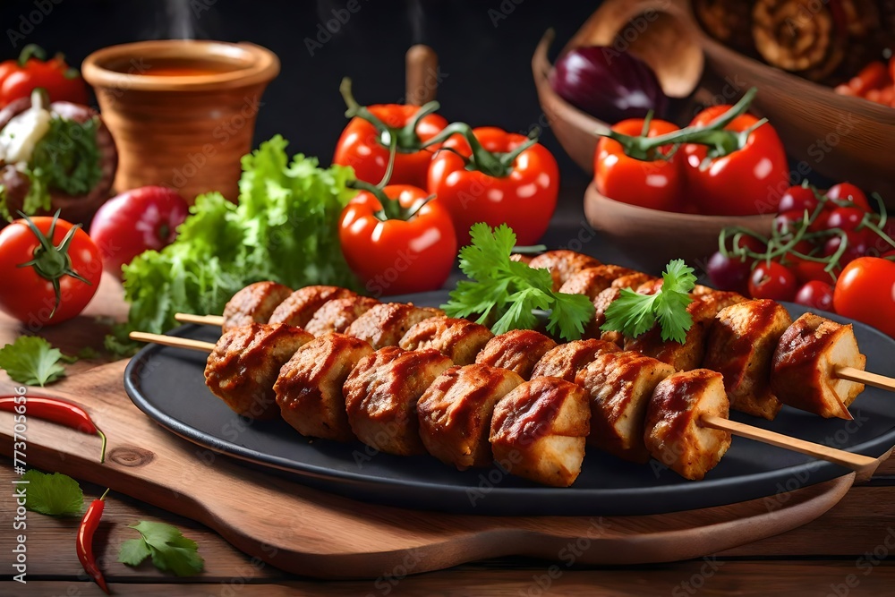 lula kebab spicy with vegetables in Turkish on the board lula kebab spicy with vegetables in Turkish on the board