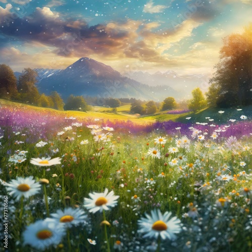  Journey into a dreamy spring landscape where meadow flowers and daisies sway gently in the breeze, a storybook.