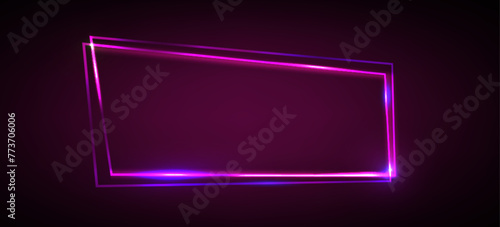 Purple neon rectangle frame banner with light glow background. Led line electric signboard for game or casino. Abstract cyber shine template design. Futuristic party signage for modern music club