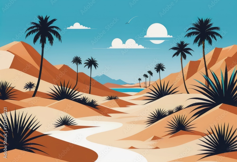 A tranquil oasis amidst sandy dunes, encircled by lush palm trees swaying gently in the breeze - obrazy, fototapety, plakaty 