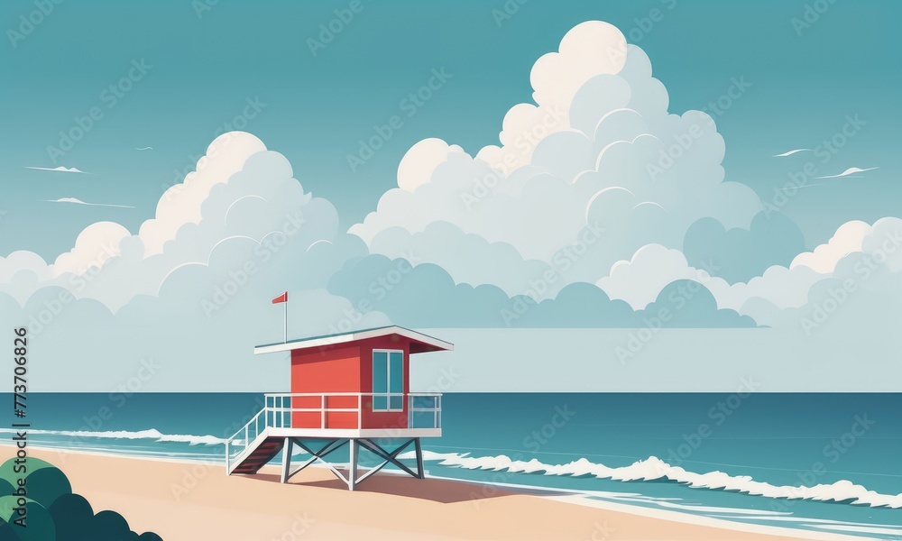 Fototapeta premium A coastline landscape featuring a lifeguard hut against a cloudy sky, with waves crashing in the summer
