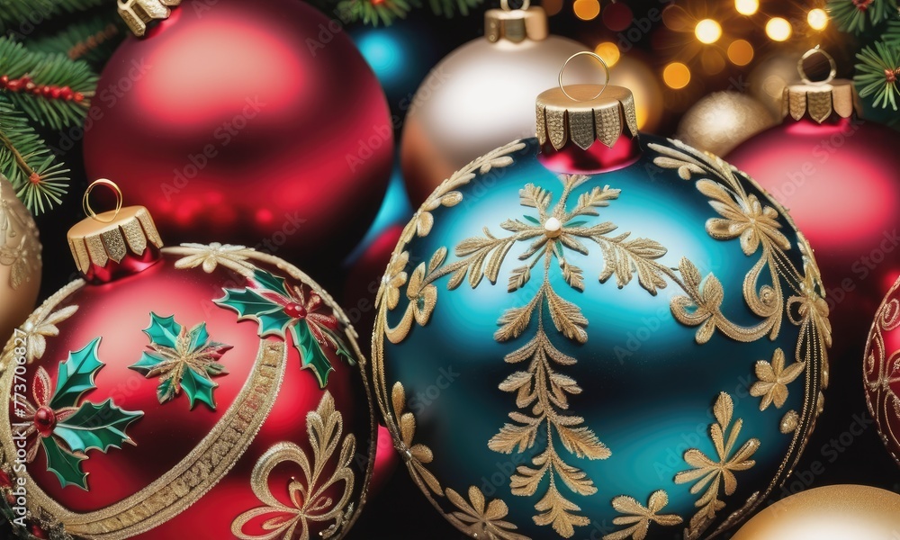 Close-up of Christmas balls adorned with intricate ornaments