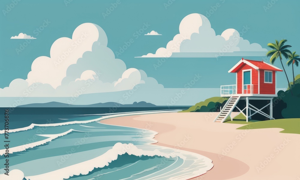 Obraz premium A coastline landscape featuring a lifeguard hut against a cloudy sky, with waves crashing in the summer
