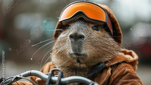   Close-up of rodent wearing helmet and goggles on bike photo