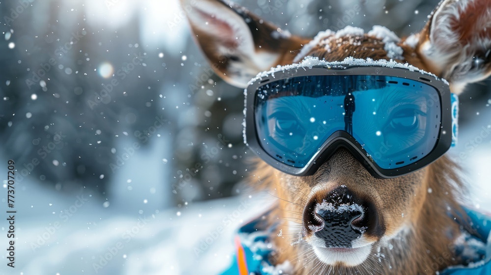   A close-up of a deer wearing ski goggles with snowfall on its nose