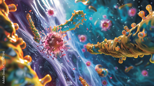 This eye-catching image shows colorful virus particles swirling dynamically amidst a fluid background, symbolizing motion and infection