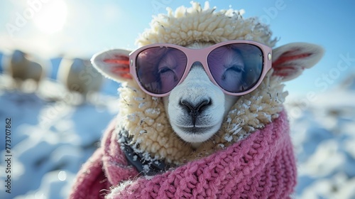   Sheep wearing glasses in snow © Shanti