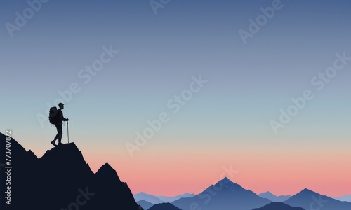 Silhouette rock The silhouette of a lone hiker stands atop a mountain peak at dawn, surrounded by the awakening lightclimbing background 1 © SR Creative Idea