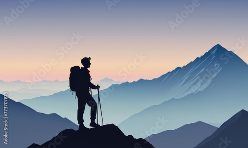 Silhouette rock The silhouette of a lone hiker stands atop a mountain peak at dawn, surrounded by the awakening lightclimbing background 1