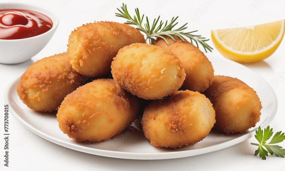 Spanish-style fried croquettes displayed against a white background, showcasing their traditional appeal Spanish-style fried croquettes displayed against a white background, showcasing their traditional appeal