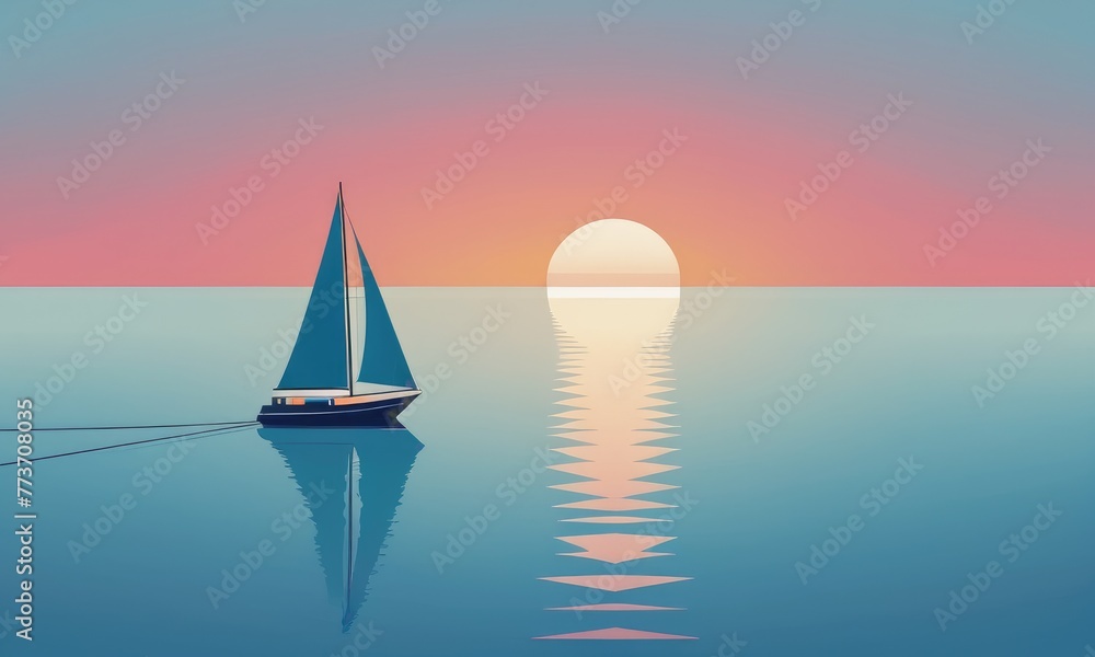 A serene sunset casts its glow over calm blue seas as a boat gently sails