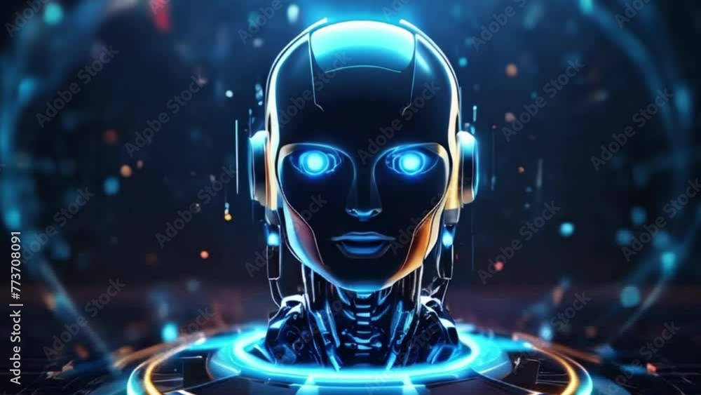 Motion graphic of Blue digital robot icon levitation and circle futuristic HUD with Ai chatbot and machine learning technology with artificial intelligence concepts on abstract background Motion graphic of Blue digital robot icon levitation and circle futuristic HUD with Ai chatbot and machine learning technology with artificial intelligence concepts on abstract background
