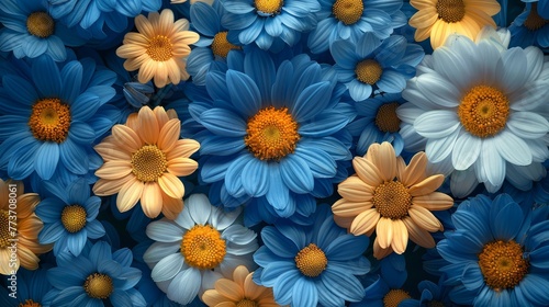   A cluster of blue and yellow flowers with a yellow center encircled by smaller blue and yellow ones with a yellow center